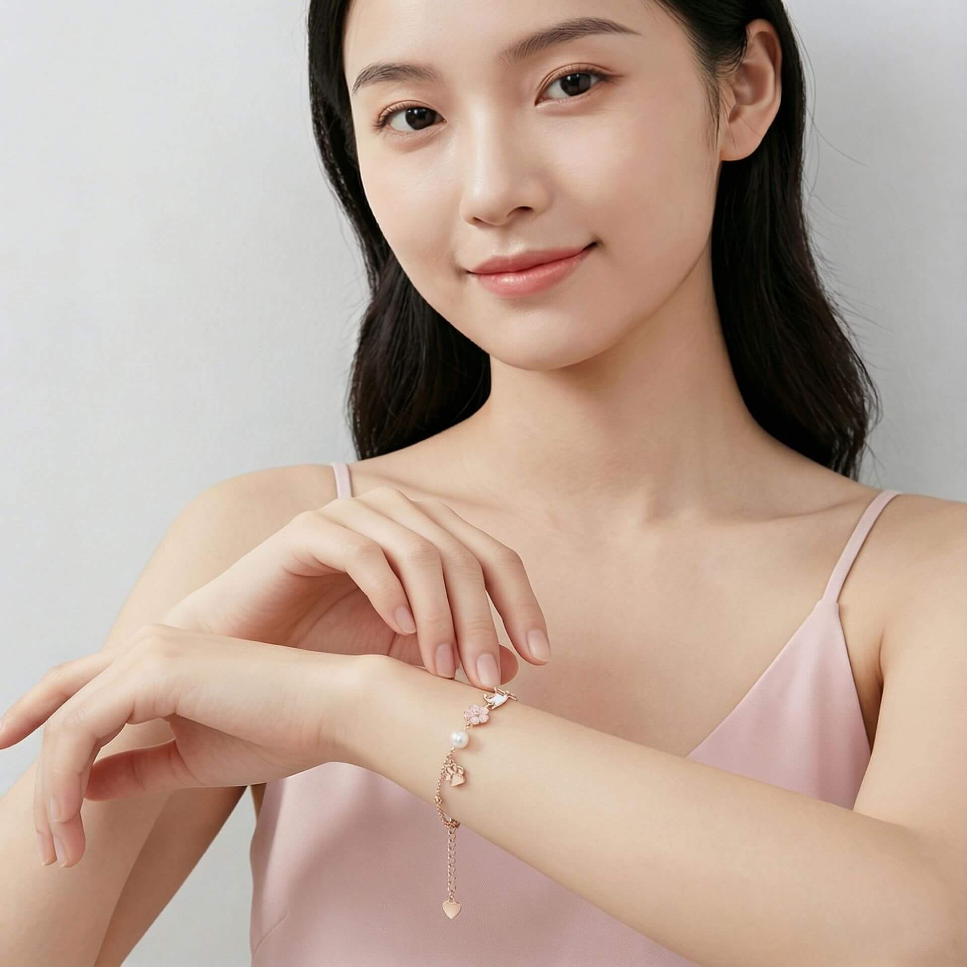 Sakura Cat Charm Bracelet - Rose Gold Peach Blossom Jewelry for Cat Lovers & Teens - Aruary Studio ｜ Artisanal Jewelry