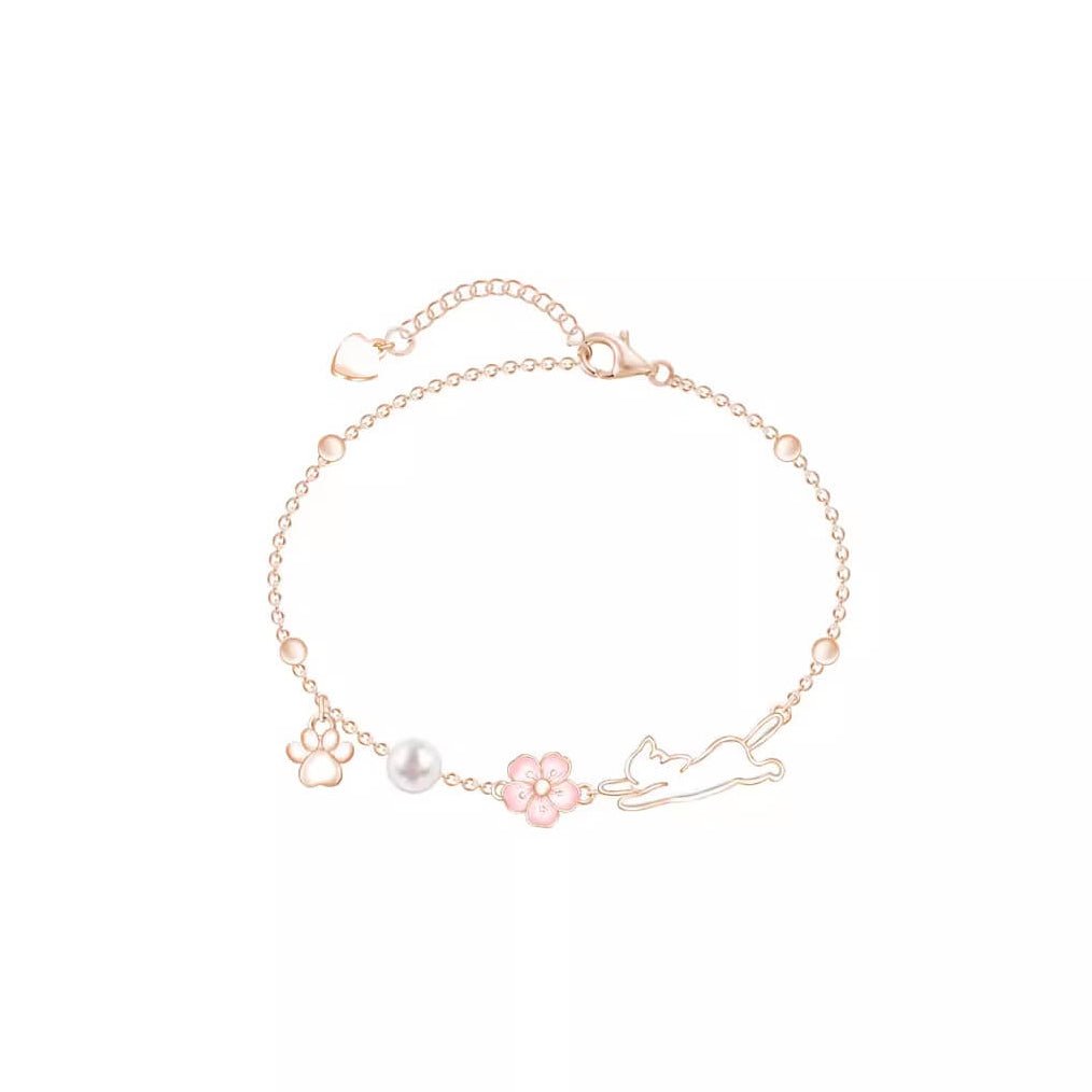Sakura Cat Charm Bracelet - Rose Gold Peach Blossom Jewelry for Cat Lovers & Teens - Aruary Studio ｜ Artisanal Jewelry