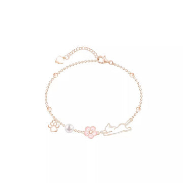 Sakura Cat Charm Bracelet - Rose Gold Peach Blossom Jewelry for Cat Lovers & Teens - Aruary Studio ｜ Artisanal Jewelry