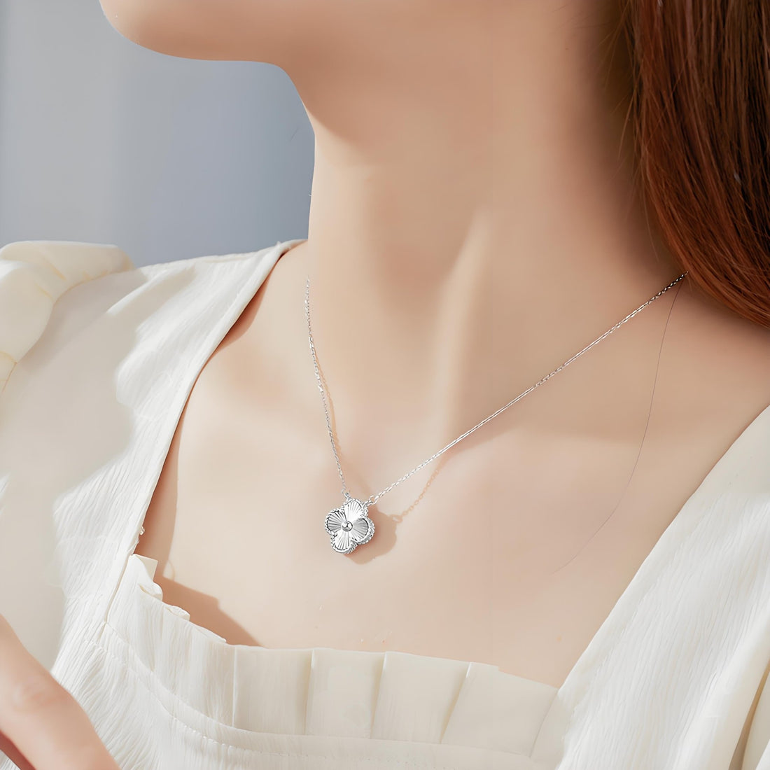 Shimmering Laser Clover Necklace | 925 Sterling Silver Christmas Gift for Women | Adjustable 16 - 20" Chain - Aruary Studio ｜ Artisanal Jewelry