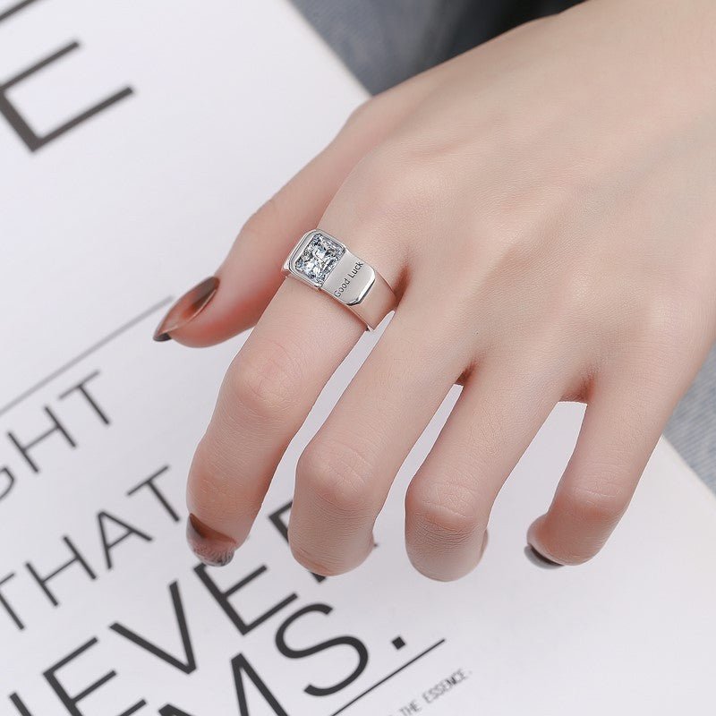 Silver Plated “Good Luck” Engraved Square Cubic Zirconia Statement Ring - Aruary Studio ｜ Artisanal Jewelry