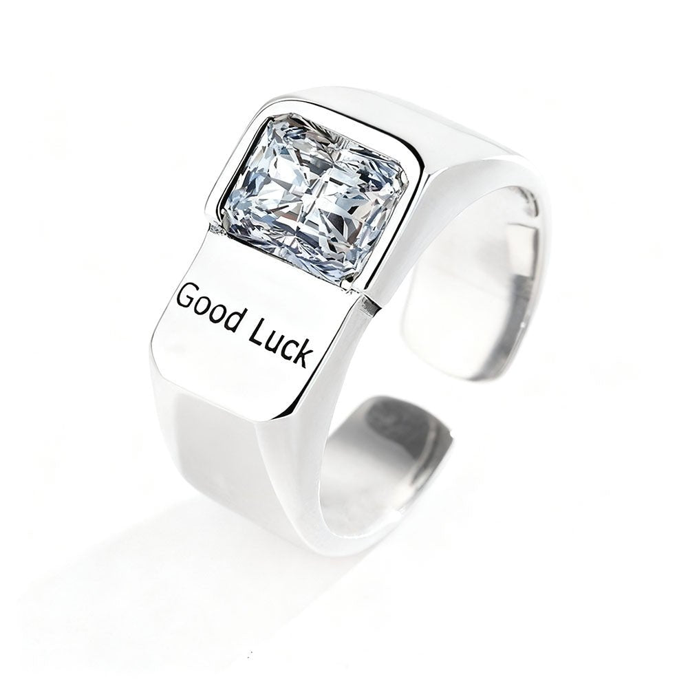 Silver Plated “Good Luck” Engraved Square Cubic Zirconia Statement Ring - Aruary Studio ｜ Artisanal Jewelry