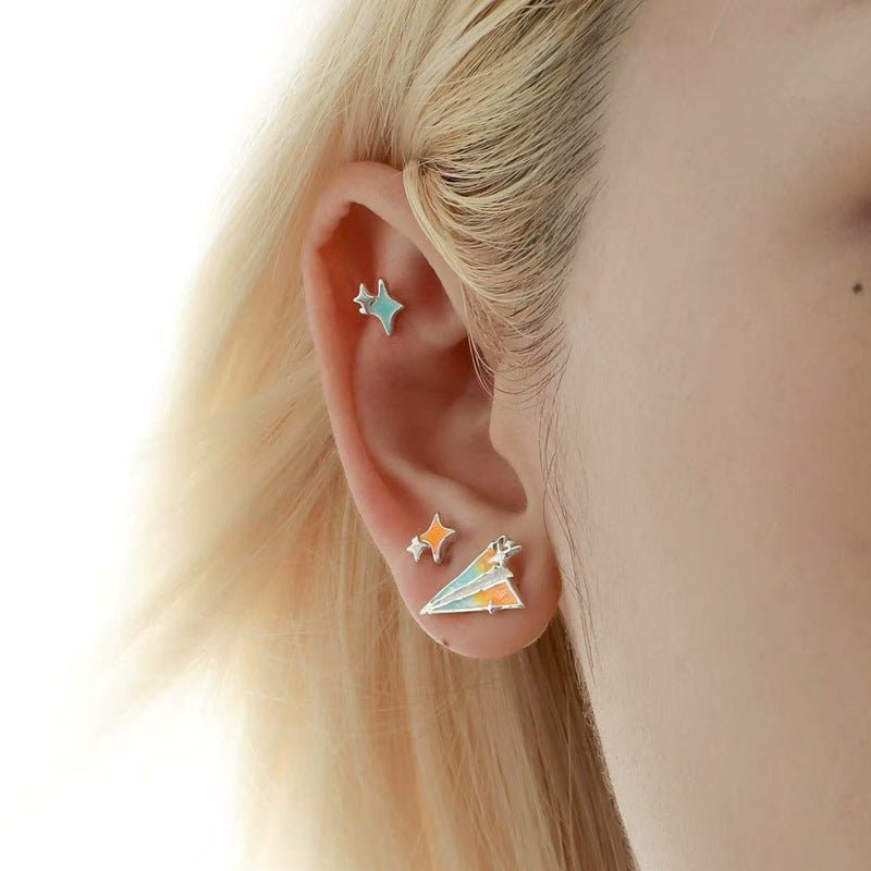 Silver Plated Paper Plane and Star Stud Earrings Set - Cute Cartoon Ear Jewelry for Women - Aruary Studio ｜ Artisanal Jewelry