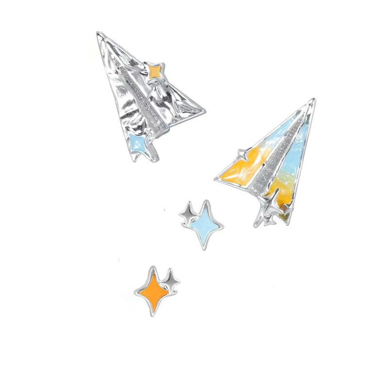 Silver Plated Paper Plane and Star Stud Earrings Set - Cute Cartoon Ear Jewelry for Women - Aruary Studio ｜ Artisanal Jewelry