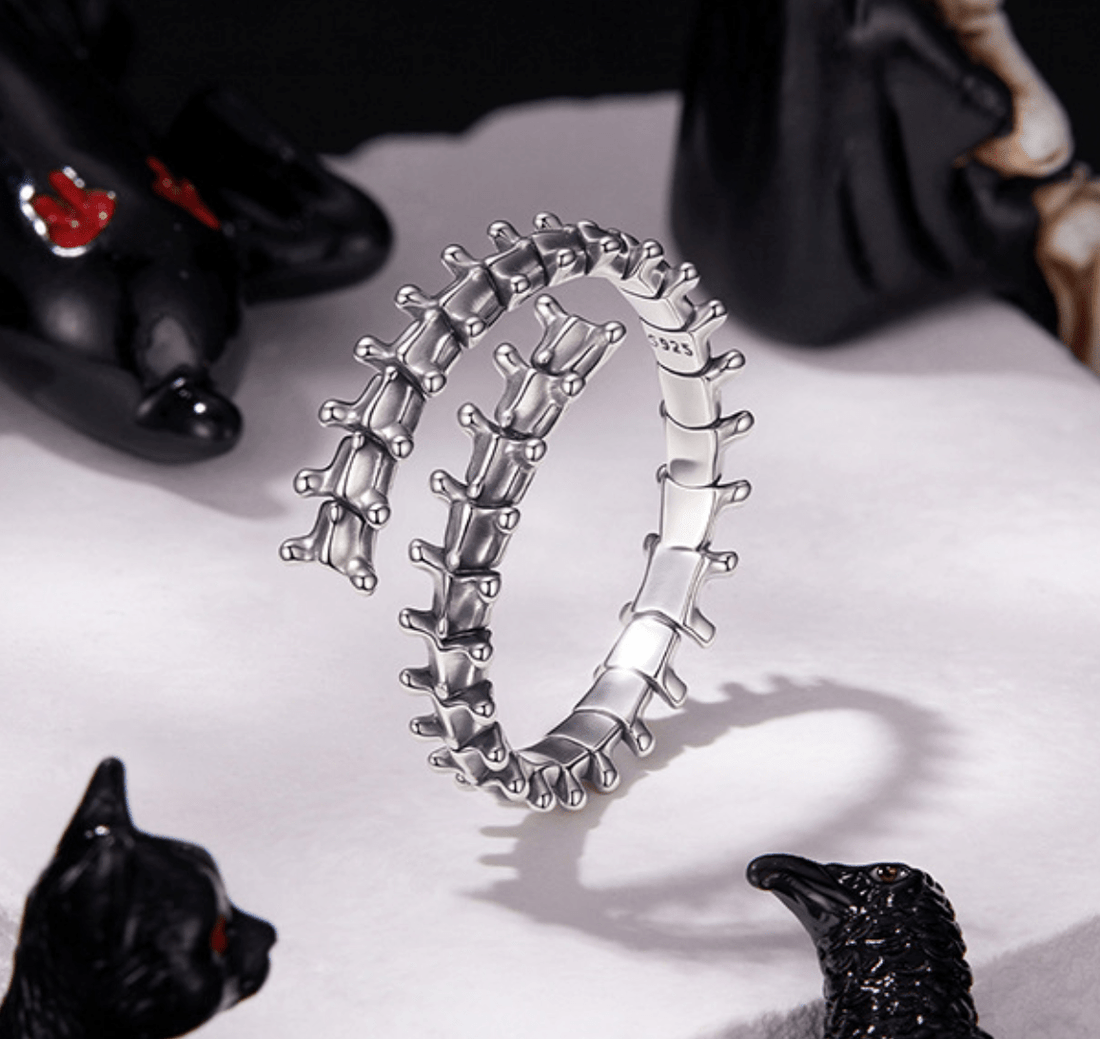 Skeletal Spine Open Ring - 925 Sterling Silver Halloween Gothic Adjustable Statement Ring 💀🎃 - Aruary Studio ｜ Artisanal Jewelry