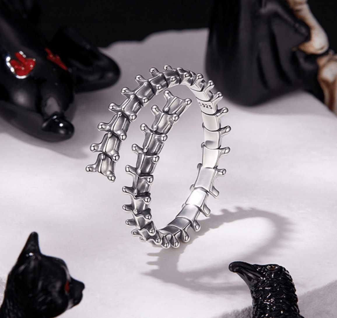 Skeletal Spine Open Ring - 925 Sterling Silver Halloween Gothic Adjustable Statement Ring 💀🎃 - Aruary Studio ｜ Artisanal Jewelry