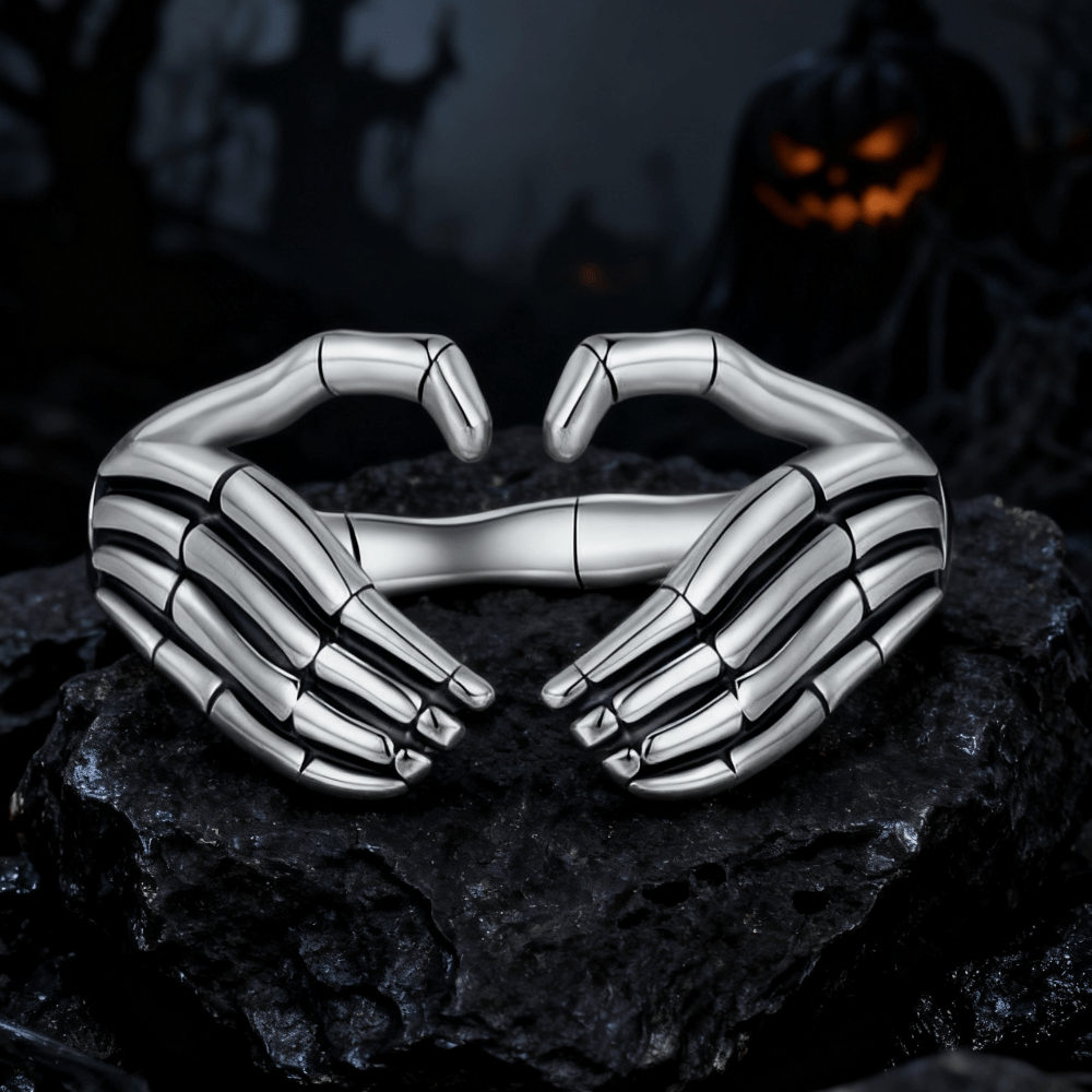 Skeleton Hands Open Ring - 925 Sterling Silver Halloween Gothic Adjustable Statement Jewelry - Aruary Studio ｜ Artisanal Jewelry