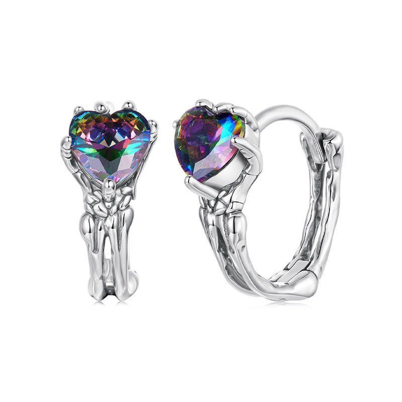 Skeleton Hands Rainbow Heart Crystal Hoop Earrings - 925 Sterling Silver Halloween Gothic Dangle Earrings - Aruary Studio ｜ Artisanal Jewelry