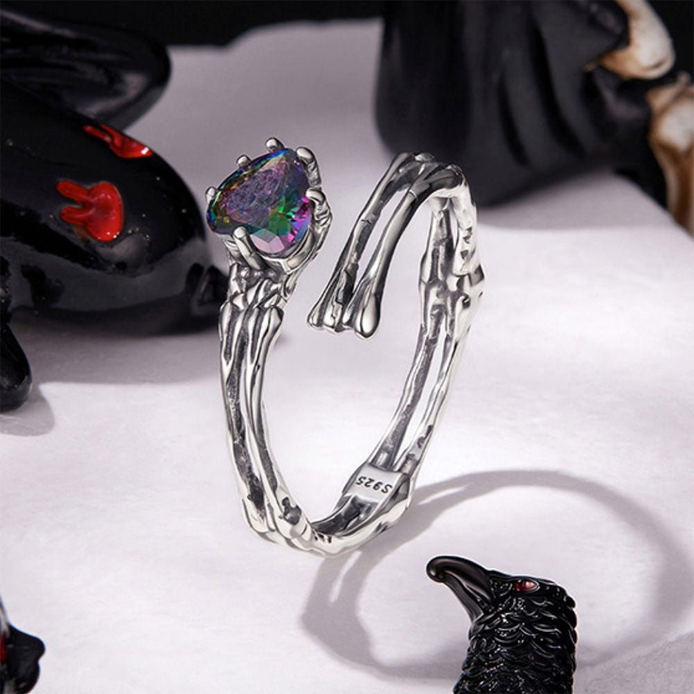 Skeleton Hands Rainbow Heart Crystal Ring - 925 Sterling Silver Halloween Gothic Adjustable Open Ring - Aruary Studio ｜ Artisanal Jewelry