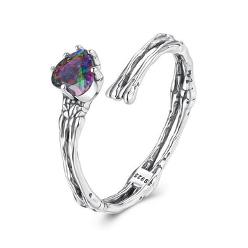 Skeleton Hands Rainbow Heart Crystal Ring - 925 Sterling Silver Halloween Gothic Adjustable Open Ring - Aruary Studio ｜ Artisanal Jewelry