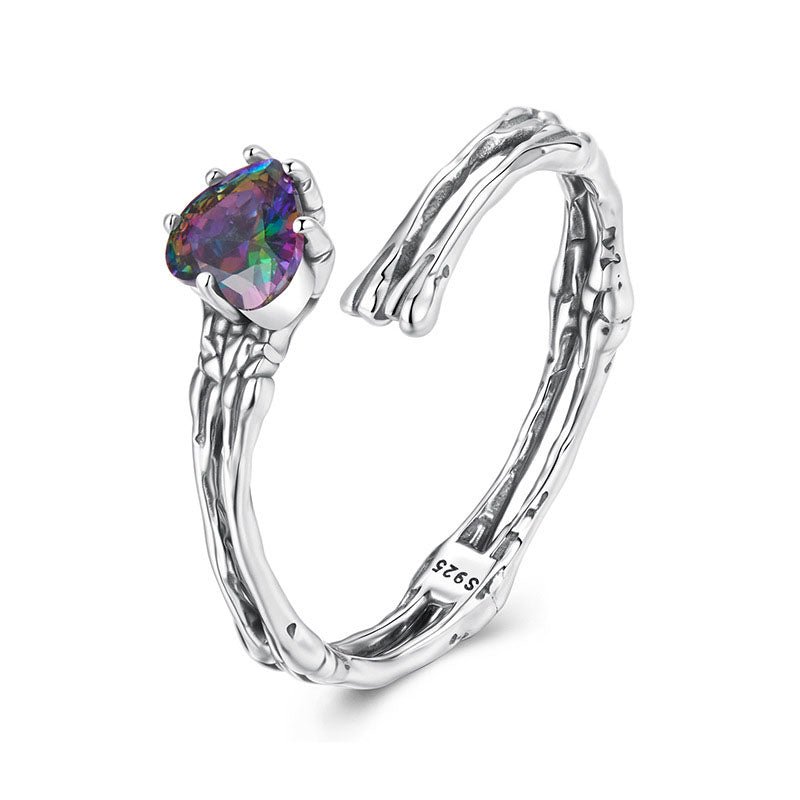 Skeleton Hands Rainbow Heart Crystal Ring - 925 Sterling Silver Halloween Gothic Adjustable Open Ring - Aruary Studio ｜ Artisanal Jewelry