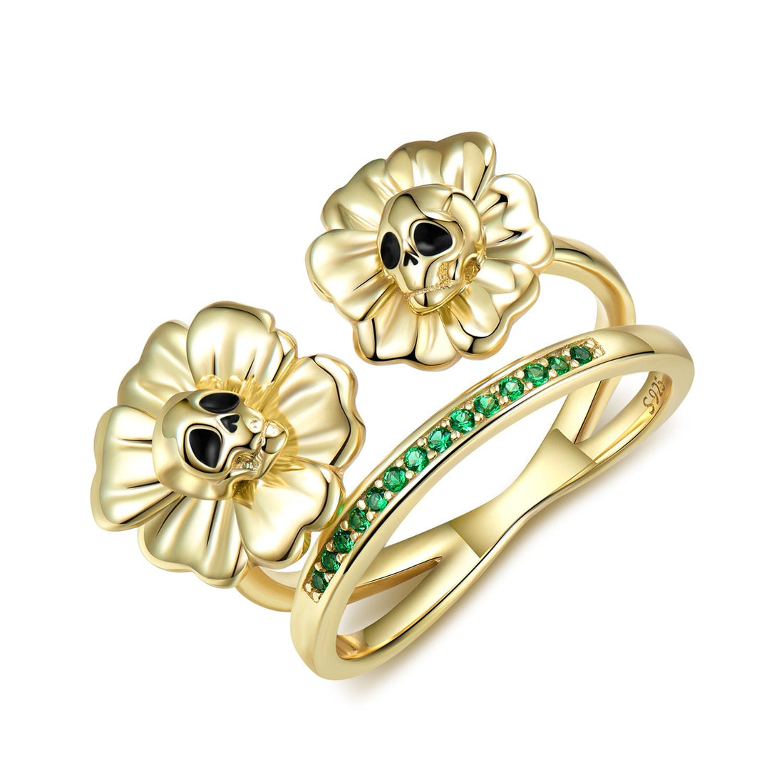 Skull Flower Open Ring with Green CZ - 925 Sterling Silver Halloween Gothic Adjustable Ring - Aruary Studio ｜ Artisanal Jewelry