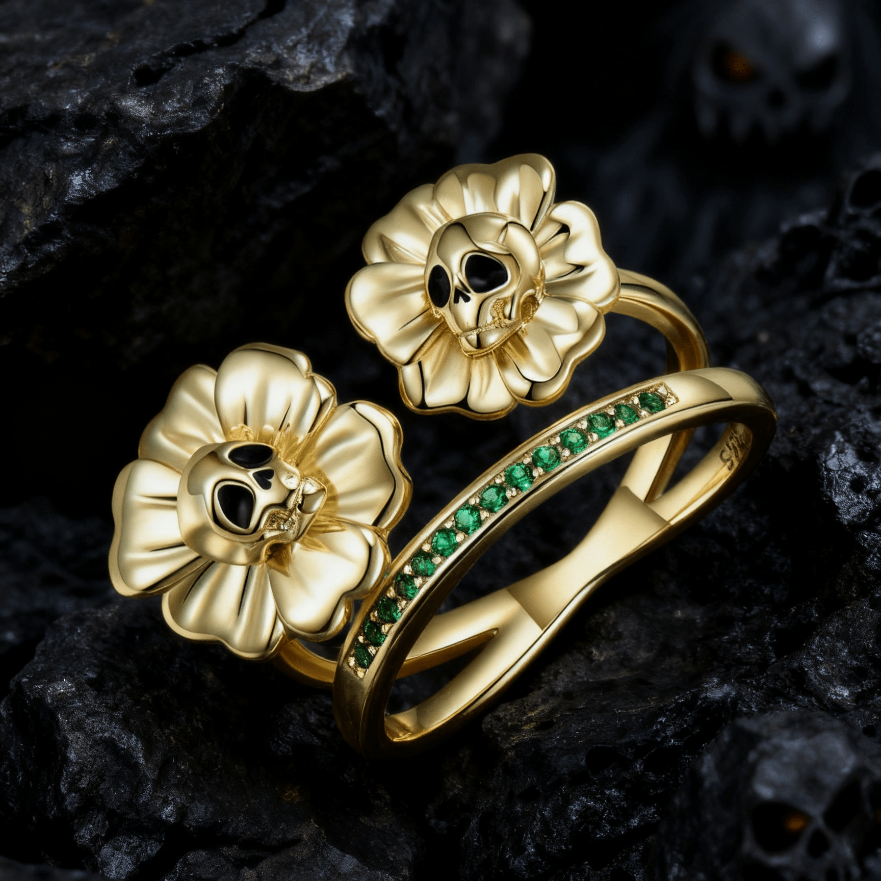 Skull Flower Open Ring with Green CZ - 925 Sterling Silver Halloween Gothic Adjustable Ring - Aruary Studio ｜ Artisanal Jewelry