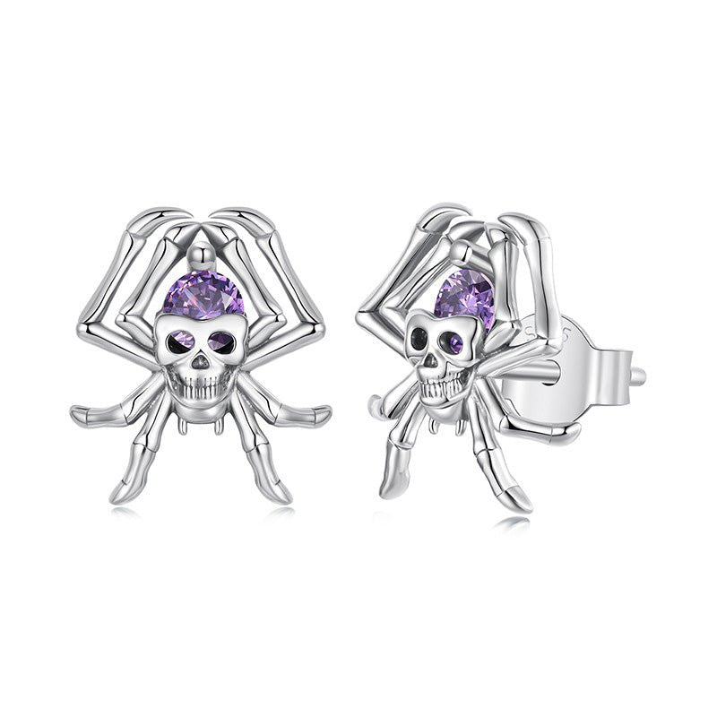 Skull Spider Stud Earrings with Purple Crystal - 925 Sterling Silver Halloween Gothic Jewelry - Aruary Studio ｜ Artisanal Jewelry