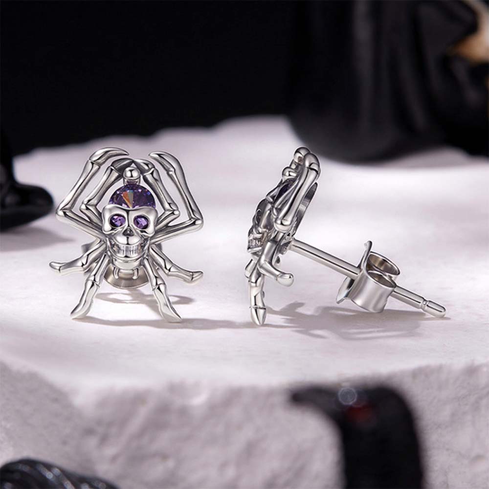 Skull Spider Stud Earrings with Purple Crystal - 925 Sterling Silver Halloween Gothic Jewelry - Aruary Studio ｜ Artisanal Jewelry