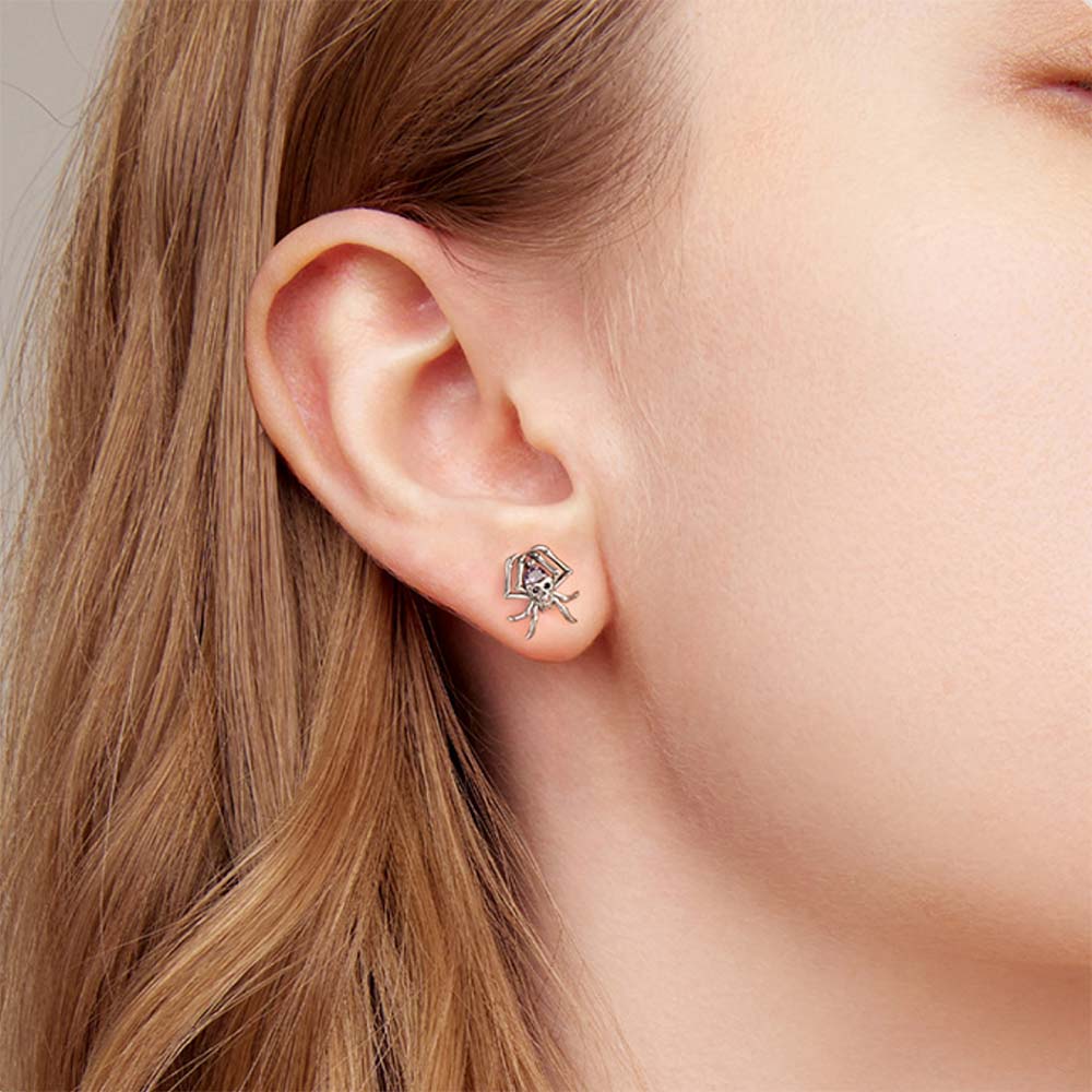 Skull Spider Stud Earrings with Purple Crystal - 925 Sterling Silver Halloween Gothic Jewelry - Aruary Studio ｜ Artisanal Jewelry