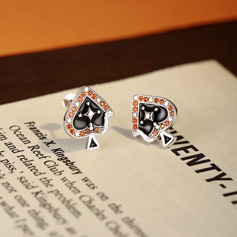 Spade A Star Zircon Stud Earrings | S925 Sterling Silver + 5A Zircon - Embossed Poker Style Statement - Aruary Studio ｜ Artisanal Jewelry