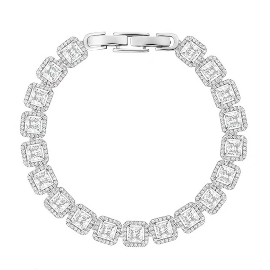 Sparkling 5A Zirconia Square Halo Tennis Bracelet | 18K White Gold Plated Bridal Jewelry | Radiant Cut Lab Diamond Alternative Bracelet - Aruary Studio ｜ Artisanal Jewelry