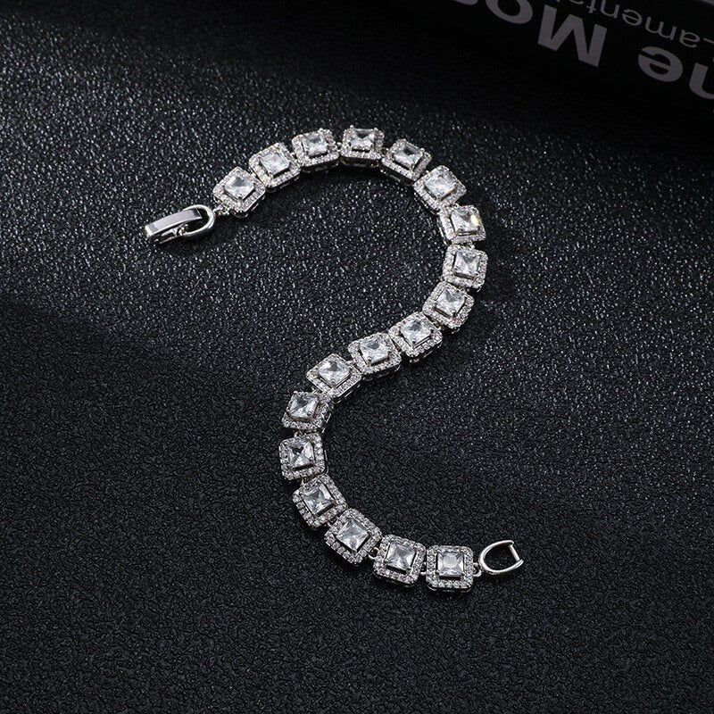 Sparkling 5A Zirconia Square Halo Tennis Bracelet | 18K White Gold Plated Bridal Jewelry | Radiant Cut Lab Diamond Alternative Bracelet - Aruary Studio ｜ Artisanal Jewelry