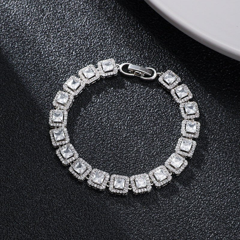 Sparkling 5A Zirconia Square Halo Tennis Bracelet | 18K White Gold Plated Bridal Jewelry | Radiant Cut Lab Diamond Alternative Bracelet - Aruary Studio ｜ Artisanal Jewelry