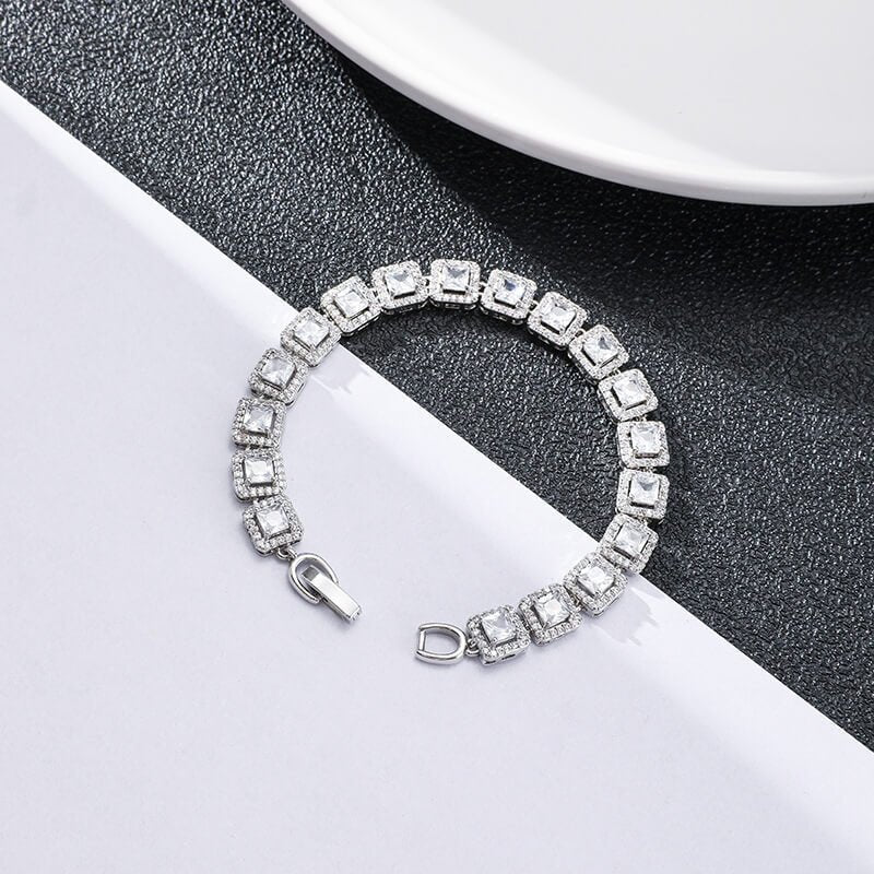 Sparkling 5A Zirconia Square Halo Tennis Bracelet | 18K White Gold Plated Bridal Jewelry | Radiant Cut Lab Diamond Alternative Bracelet - Aruary Studio ｜ Artisanal Jewelry