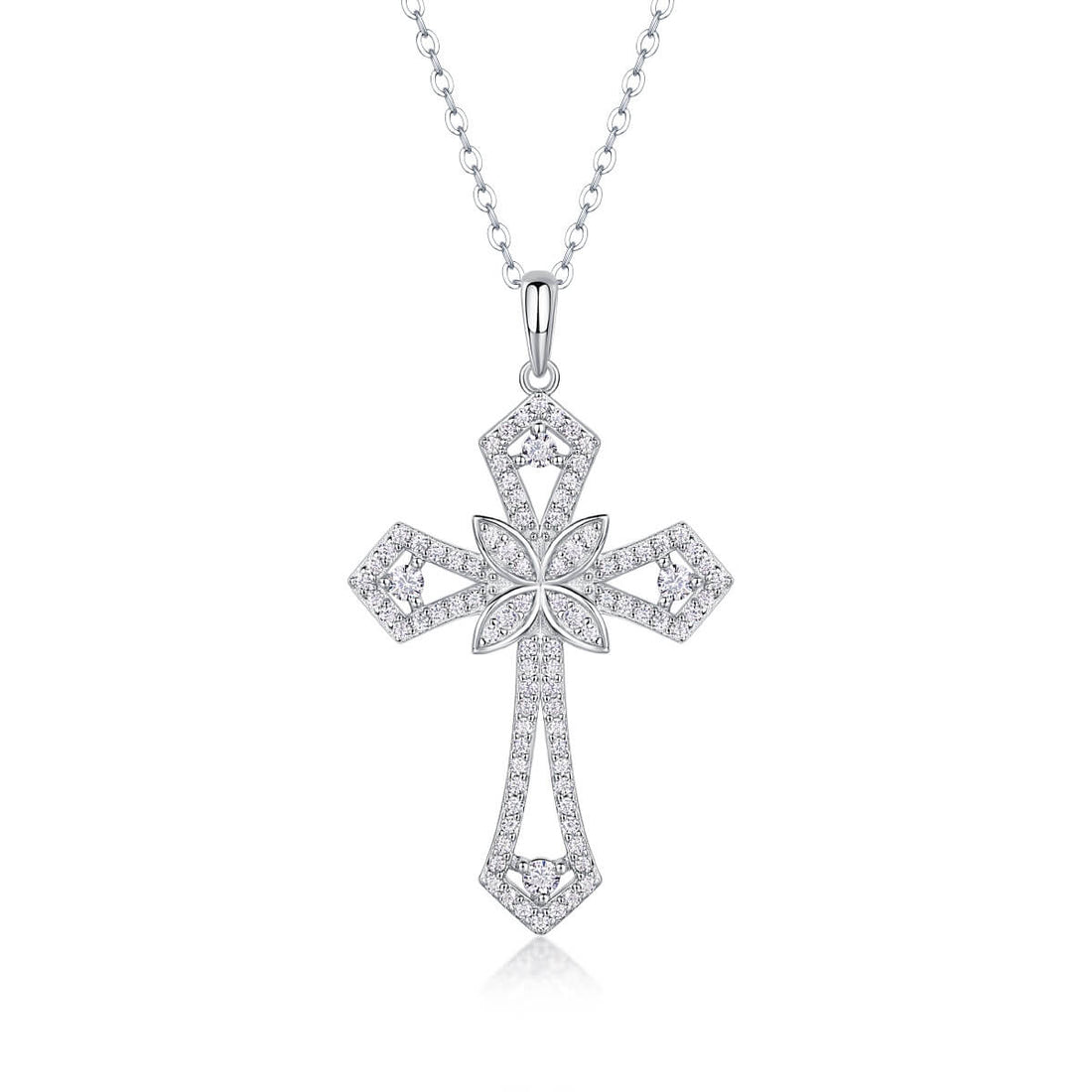 Sparkling Moissanite Floral Cross Necklace | S925 Sterling Silver Platinum Plated Faith Pendant | 40+5cm Adjustable Chain for Women - Aruary Studio ｜ Artisanal Jewelry