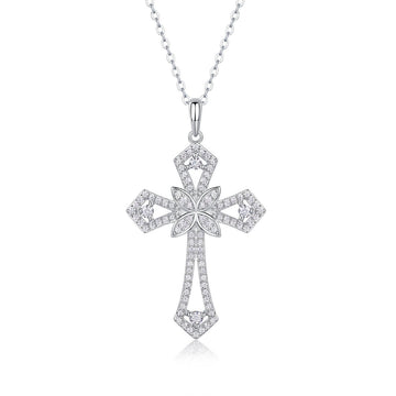 Sparkling Moissanite Floral Cross Necklace | S925 Sterling Silver Platinum Plated Faith Pendant | 40+5cm Adjustable Chain for Women - Aruary Studio ｜ Artisanal Jewelry