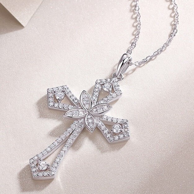 Sparkling Moissanite Floral Cross Necklace | S925 Sterling Silver Platinum Plated Faith Pendant | 40+5cm Adjustable Chain for Women - Aruary Studio ｜ Artisanal Jewelry