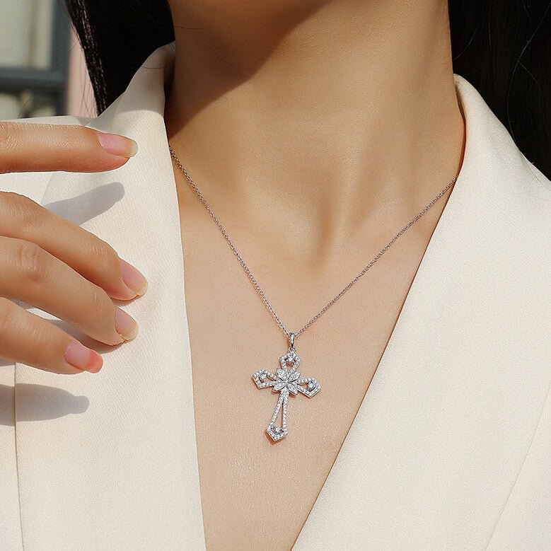 Sparkling Moissanite Floral Cross Necklace | S925 Sterling Silver Platinum Plated Faith Pendant | 40+5cm Adjustable Chain for Women - Aruary Studio ｜ Artisanal Jewelry