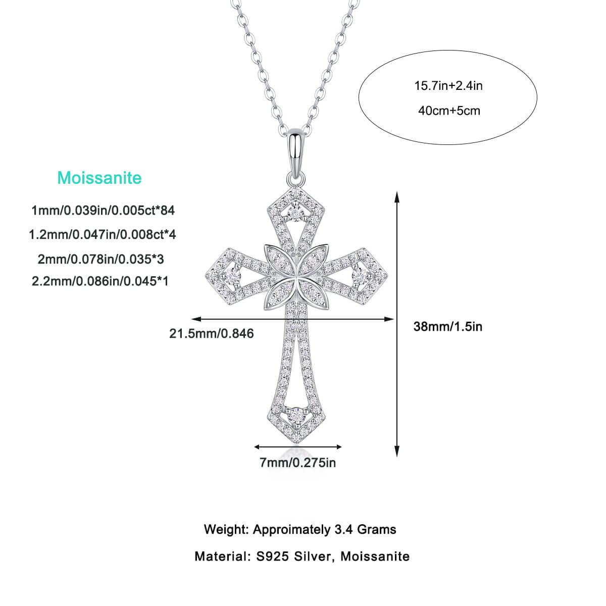 Sparkling Moissanite Floral Cross Necklace | S925 Sterling Silver Platinum Plated Faith Pendant | 40+5cm Adjustable Chain for Women - Aruary Studio ｜ Artisanal Jewelry