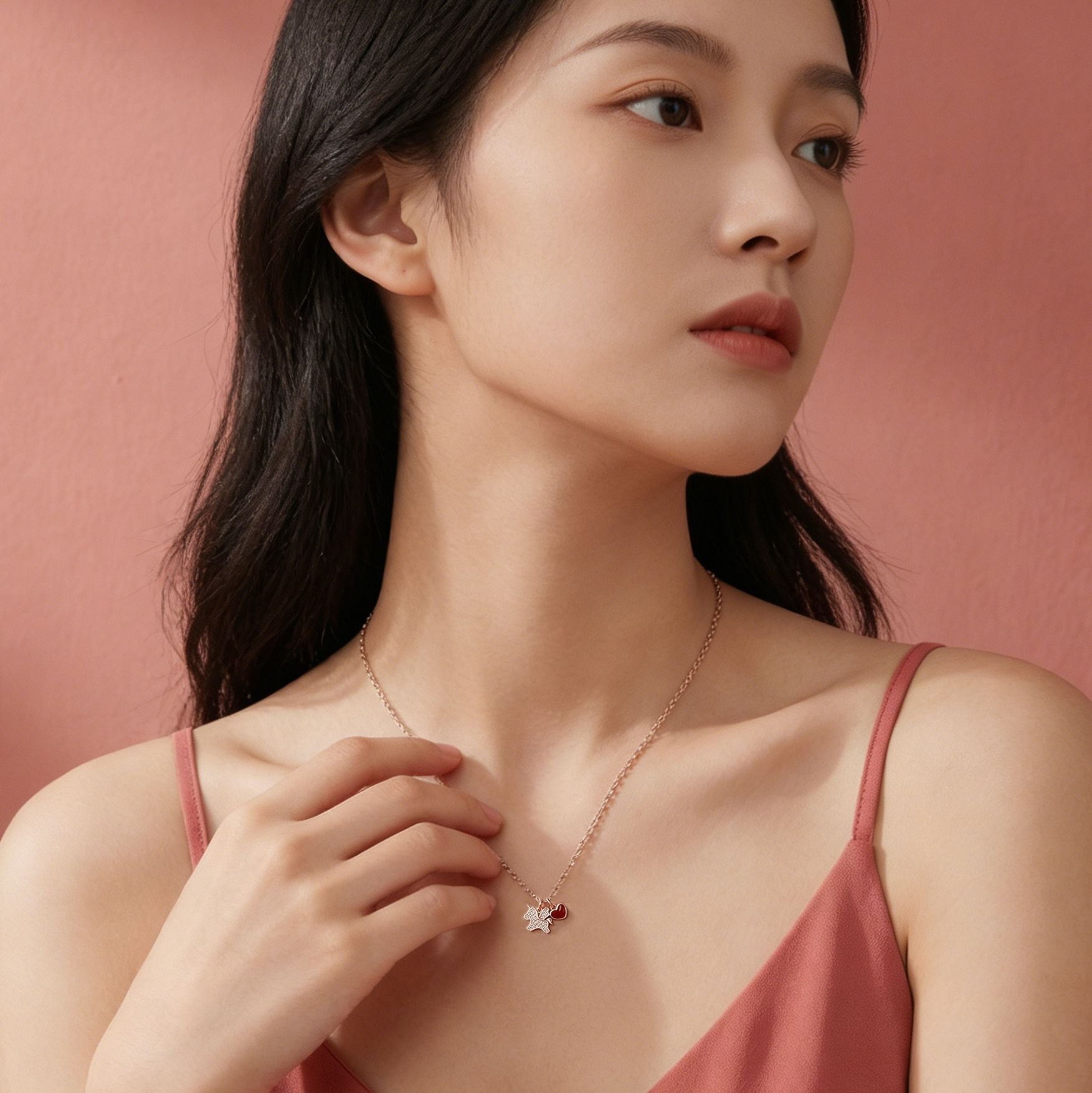 Sparkling Unicorn & Red Heart Pendant Necklace - Rose Gold Jewelry Gift for Girls & Teens - Aruary Studio ｜ Artisanal Jewelry