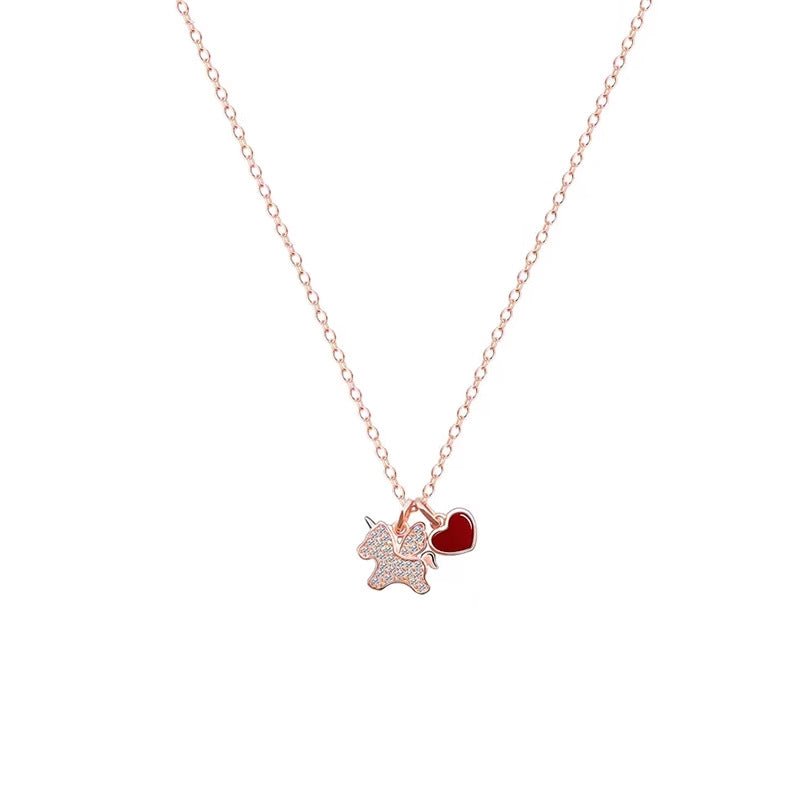 Sparkling Unicorn & Red Heart Pendant Necklace - Rose Gold Jewelry Gift for Girls & Teens - Aruary Studio ｜ Artisanal Jewelry