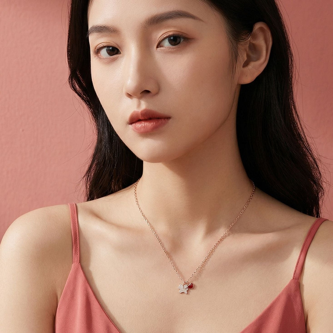 Sparkling Unicorn & Red Heart Pendant Necklace - Rose Gold Jewelry Gift for Girls & Teens - Aruary Studio ｜ Artisanal Jewelry