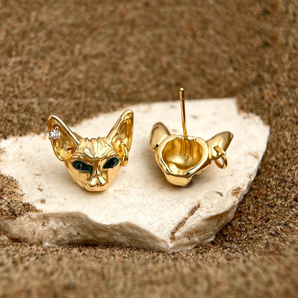“Sphynx Cat” 18K Gold Plated Stud Earrings - Hypoallergenic Sterling Silver Cat Earrings for Cat Lovers - Aruary Studio ｜ Artisanal Jewelry