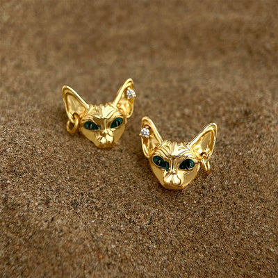 “Sphynx Cat” 18K Gold Plated Stud Earrings - Hypoallergenic Sterling Silver Cat Earrings for Cat Lovers - Aruary Studio ｜ Artisanal Jewelry