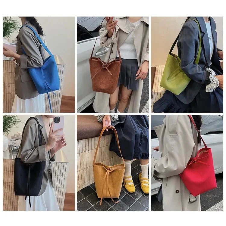 Suede Leather Bucket Bag | Luxe Velvet Texture & Spacious 26x30x11cm Design - Aruary Studio ｜ Artisanal Jewelry