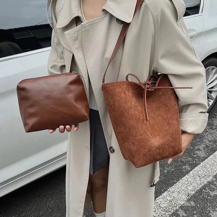 Suede Leather Bucket Bag | Luxe Velvet Texture & Spacious 26x30x11cm Design - Aruary Studio ｜ Artisanal Jewelry