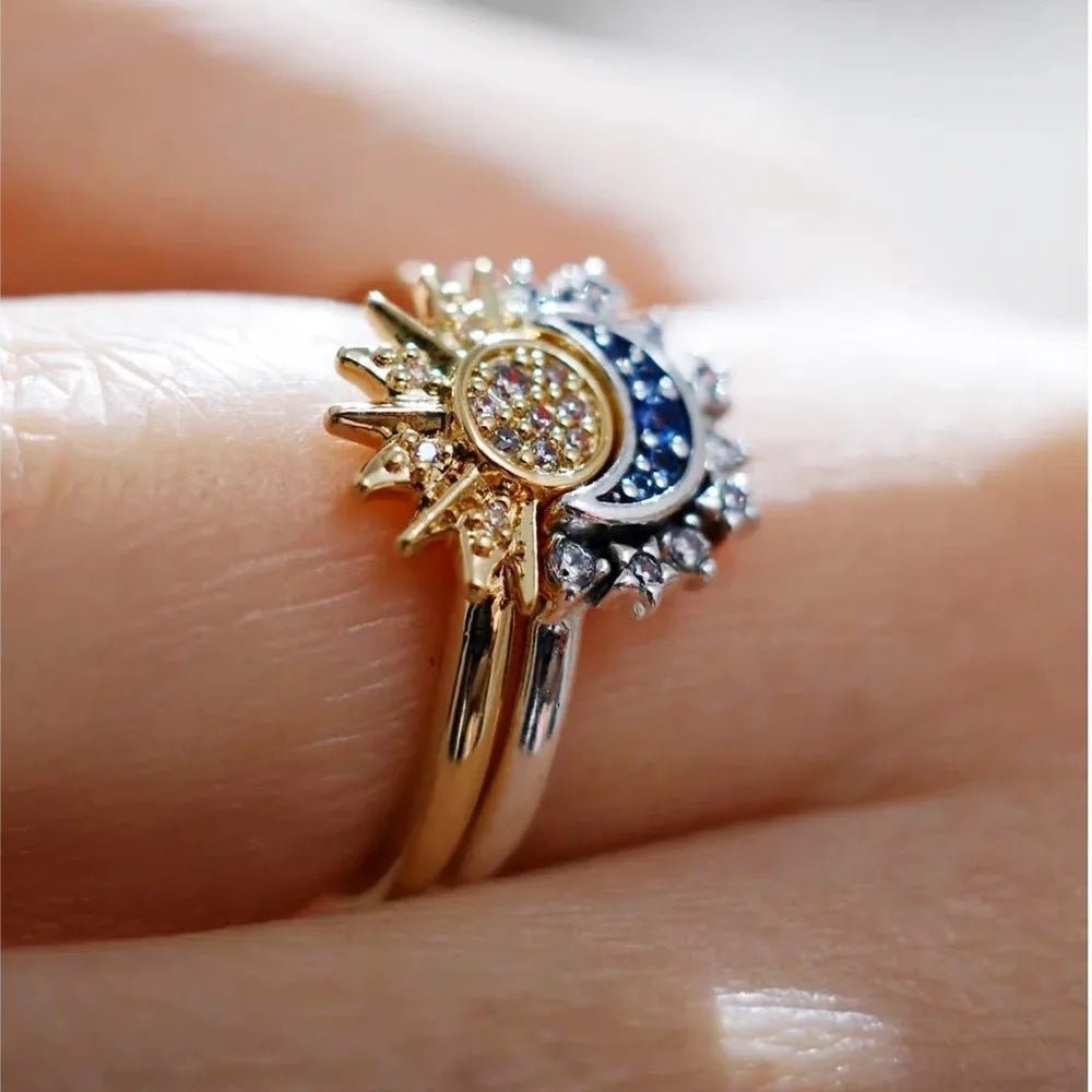 Sun Moon Star Ring Set | 925 Sterling Silver with 5A Zircon - Celestial Symbol of Eternal Bond - Aruary Studio ｜ Artisanal Jewelry