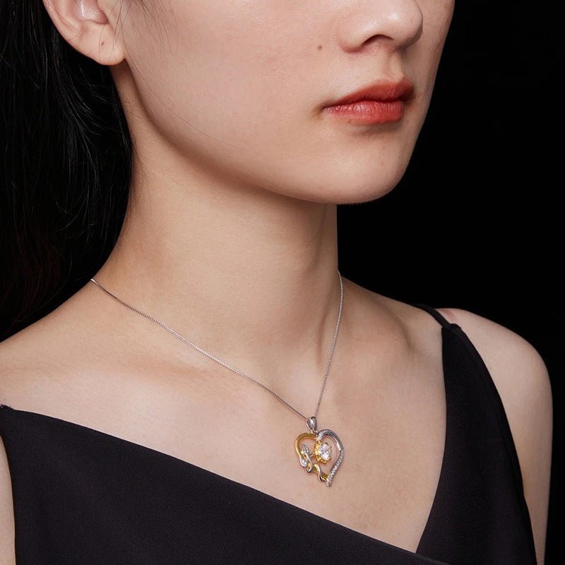 Sunflower Heart Two - Tone Pendant Necklace | 925 Sterling Silver + Moissanite - Aruary Studio ｜ Artisanal Jewelry
