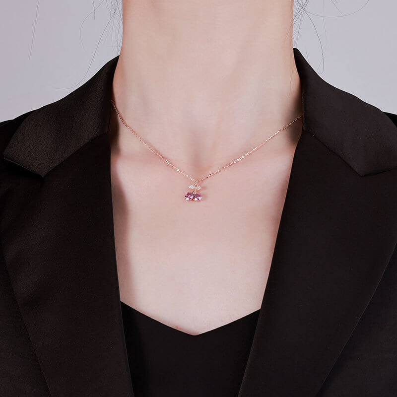 Sweet Cherry Moissanite Necklace | 925 Sterling Silver + 0.5ct Moissanite - Aruary Studio ｜ Artisanal Jewelry