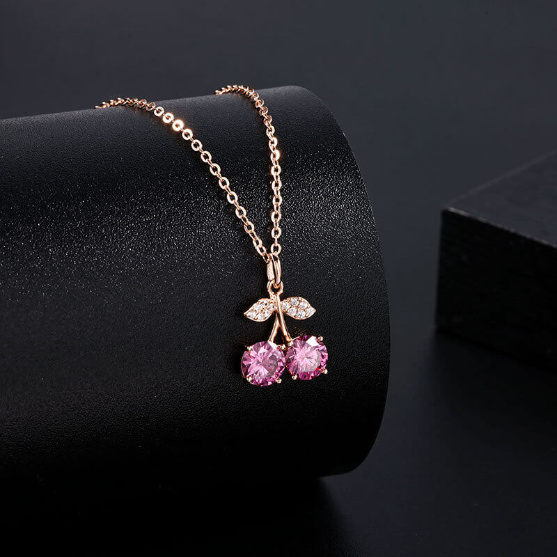 Sweet Cherry Moissanite Necklace | 925 Sterling Silver + 0.5ct Moissanite - Aruary Studio ｜ Artisanal Jewelry