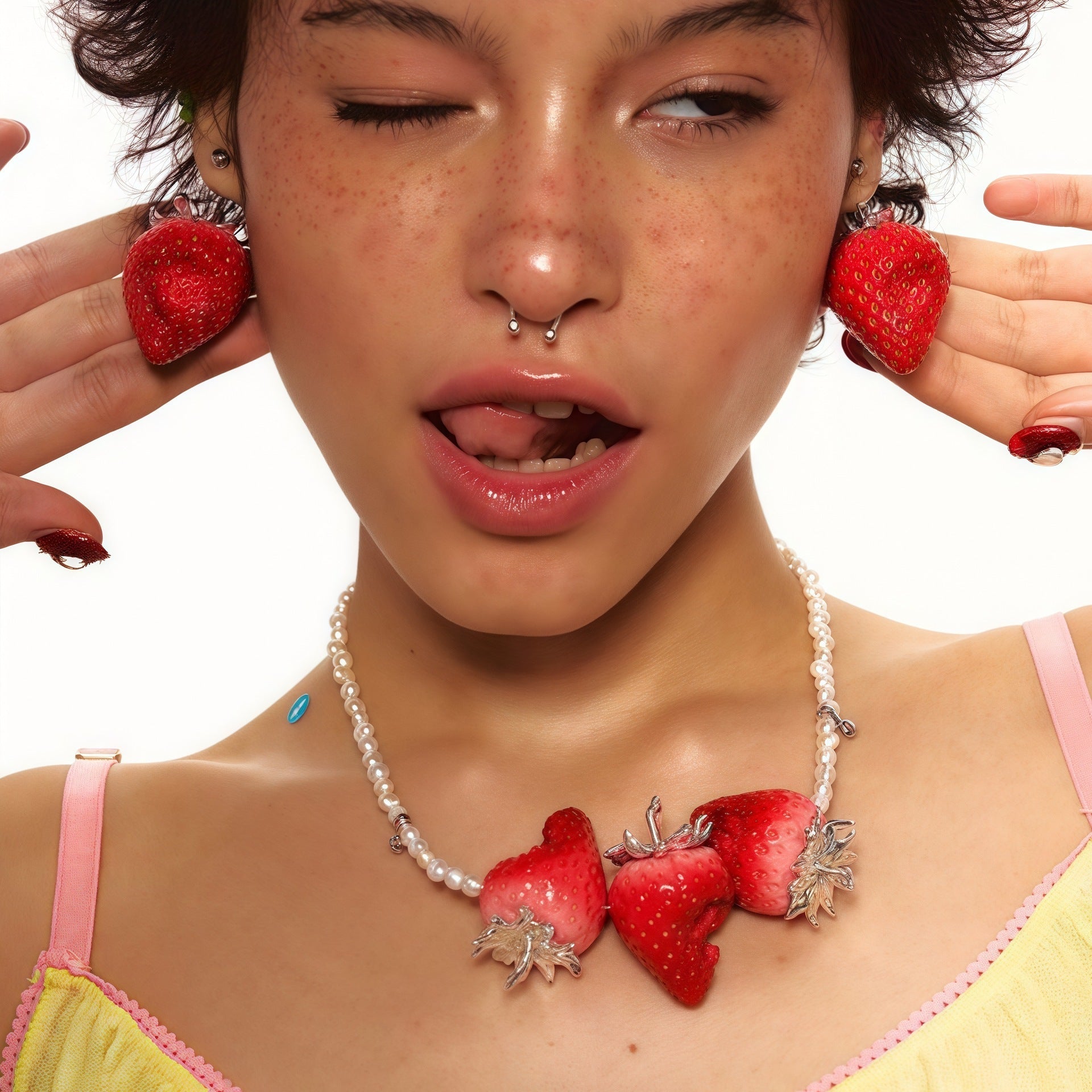 Sweet Y2K Realistic Strawberry Resin Jewelry (Necklace/Earrings/Ring) - Aruary Studio ｜ Artisanal Jewelry