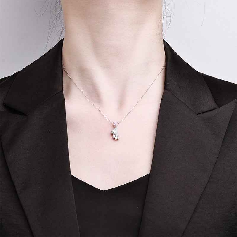 Pink Heart Moissanite Necklace - Amour Bear Design