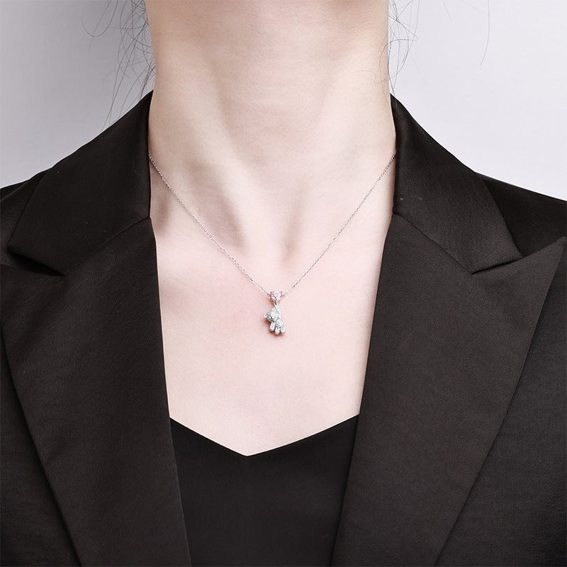 Teddy Bear & Pink Heart Moissanite Necklace | 925 Sterling Silver + 5A Moissanite - Aruary Studio ｜ Artisanal Jewelry
