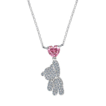 Teddy Bear & Pink Heart Moissanite Necklace | 925 Sterling Silver + 5A Moissanite - Aruary Studio ｜ Artisanal Jewelry