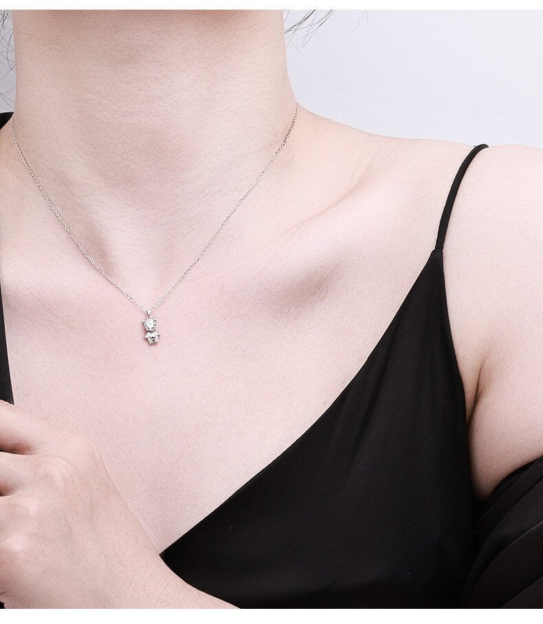 Teddy Bear Solitaire Zircon Necklace | 925 Sterling Silver + 1.8ct 5A Zircon - Aruary Studio ｜ Artisanal Jewelry