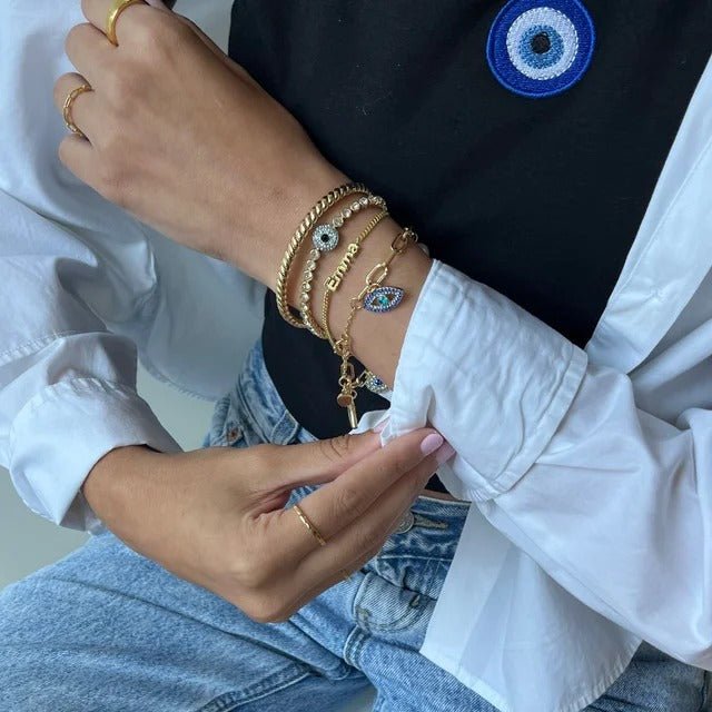 Titanium Steel Evil Eye Charm Bracelet with Colorful Zircon - Aruary Studio ｜ Artisanal Jewelry
