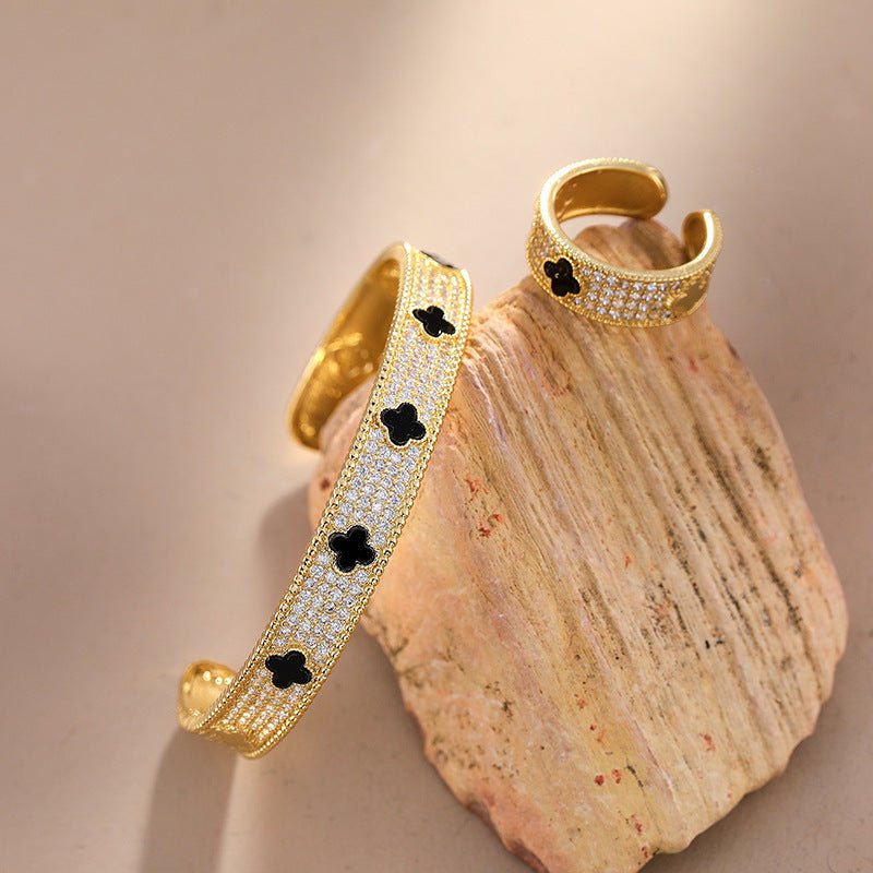 Titanium Steel Gold - Plated Open Cuff Bracelet with Black Clover & Micro - Paved Zircons - Aruary Studio ｜ Artisanal Jewelry