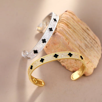 Titanium Steel Gold - Plated Open Cuff Bracelet with Black Clover & Micro - Paved Zircons - Aruary Studio ｜ Artisanal Jewelry