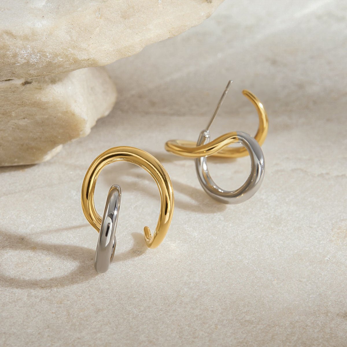Two - Tone Curved Line Hoop Earrings | 18K Gold - Plated Titanium Steel - Aruary Studio ｜ Artisanal Jewelry